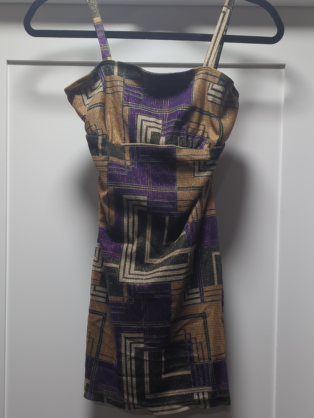 Hourglass Metallic Geometric Mini Dress in Purple and Gold